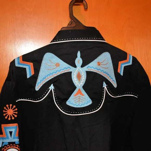 Vintage Scully Black Western Shirt, Front Snaps, Thunderbird Embroidery - Picture 5 of 6